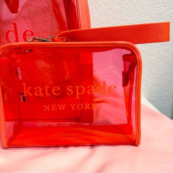 NWT-Kate Spade Neon Clear Tote and Pouch & Wristlet Pool Set of 3 Beach Stadium - Picture 5 of 16